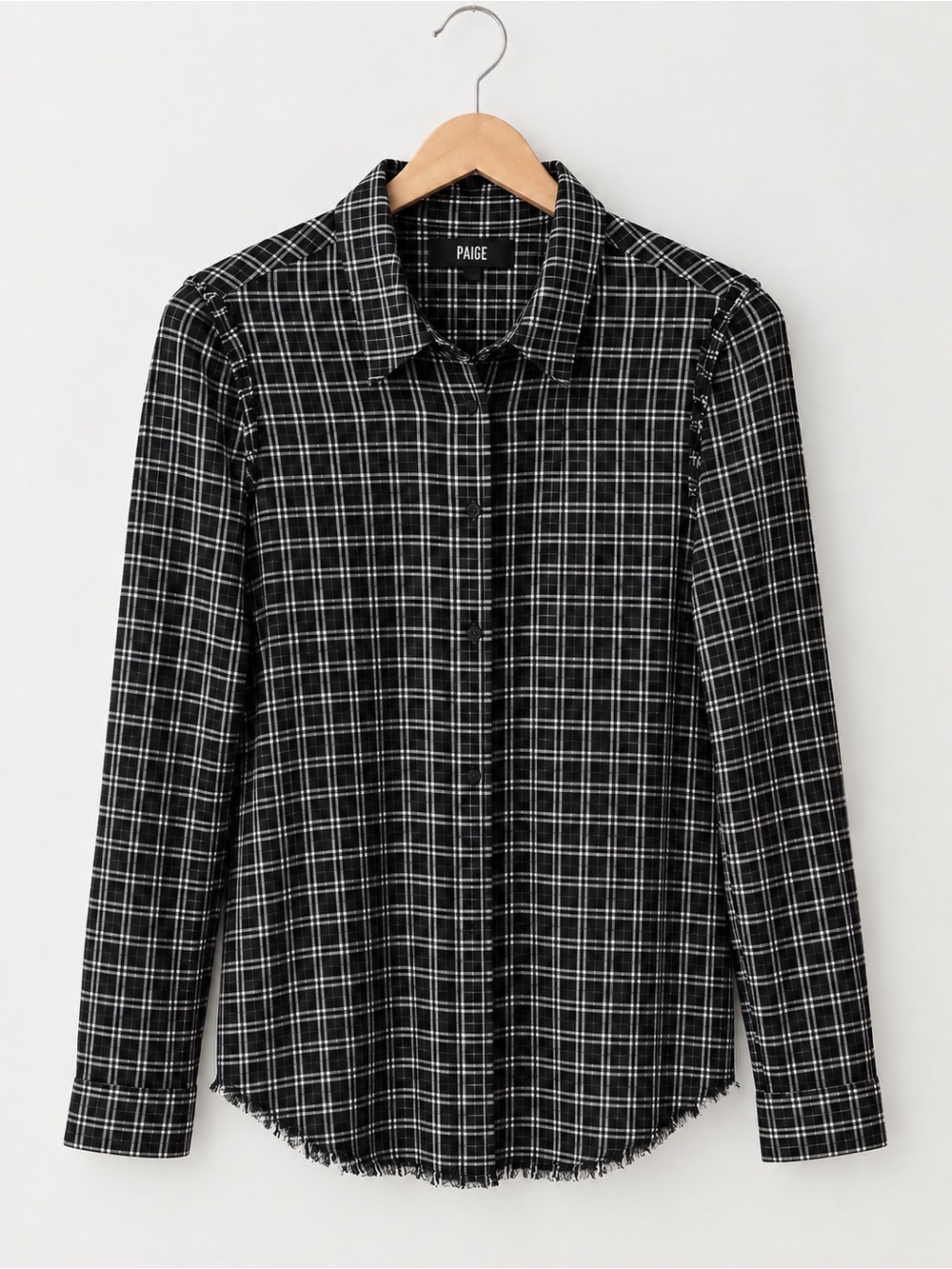 PAIGE plaid frayed hem long sleeve black white pink flannel shirt size large